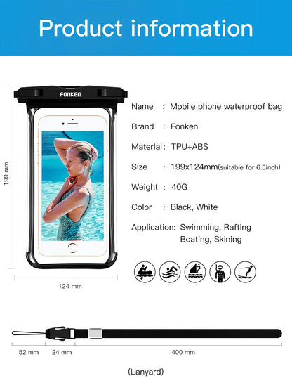 Funda impermeable FONKEN para teléfono, transparente, para la nieve, la selva tropical, bolsa seca, bolsa para natación, fundas grandes para teléfono móvil.