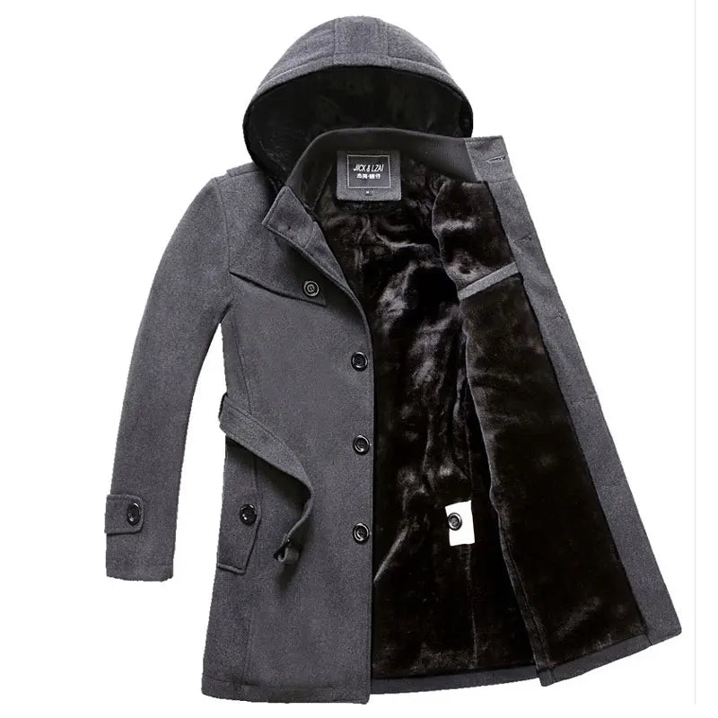 Men's Fleece Hooded Thick Wool Winter Coat 2023 Brand New Long Wool Trench Coat Men Casual Pocket Overcoat with Removable Hood