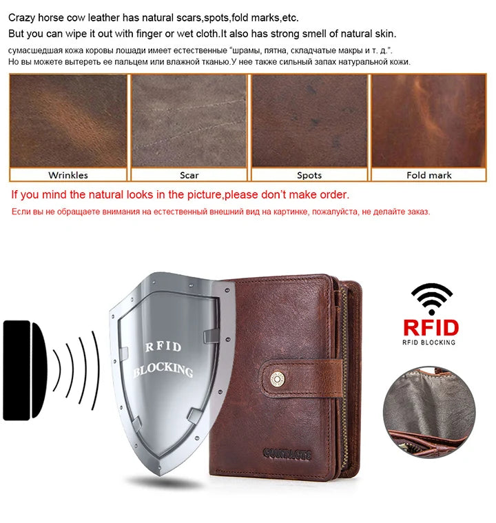 ONTACT'S Genuine Leather Short Wallets for Men RFID Vintage Coin Purse Card Holder Male Money Clip Women‘s Wallet Bag HandbagC