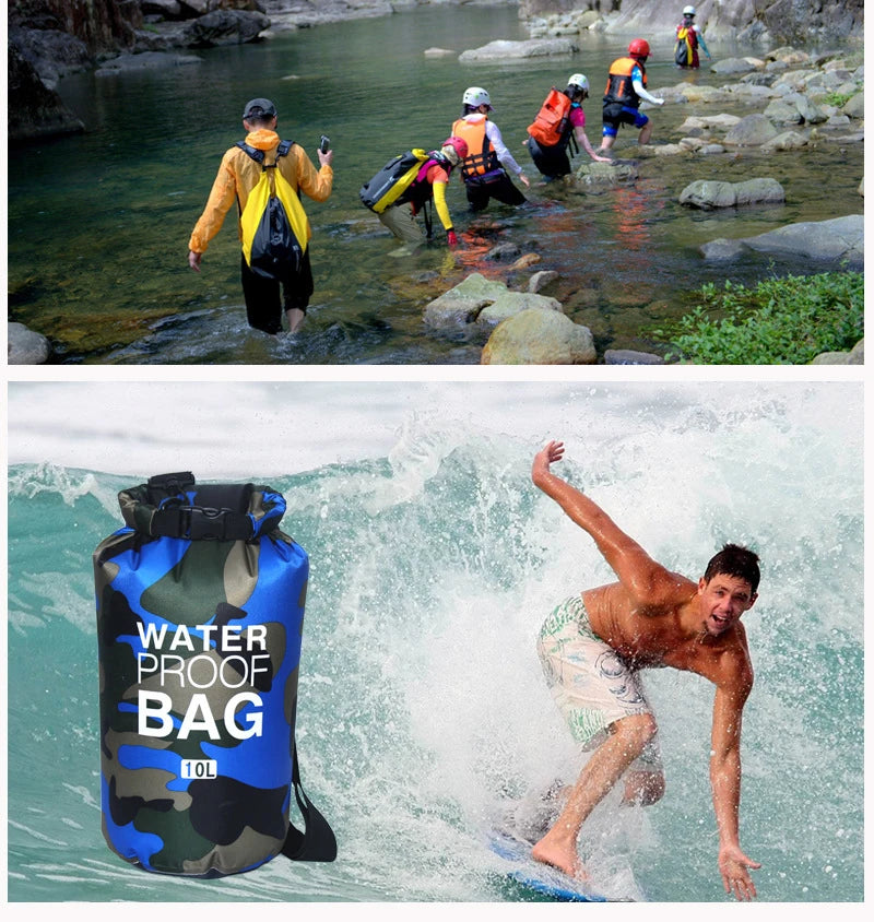 Bolsa impermeable portátil de camuflaje para exteriores, 2/5/10/15/20/30 l, para rafting, buceo, recubierta de PVC, para natación y trekking fluvial.
