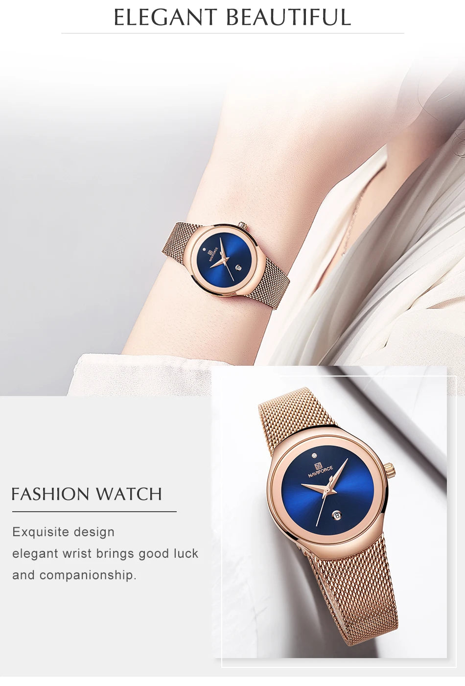 NAVIFORCE Reloj de Moda para Mujer, Relojes de Cuarzo para Mujer, Reloj de Pulsera Impermeable de Acero Inoxidable, Reloj Simple para Niña, Reloj Femenino