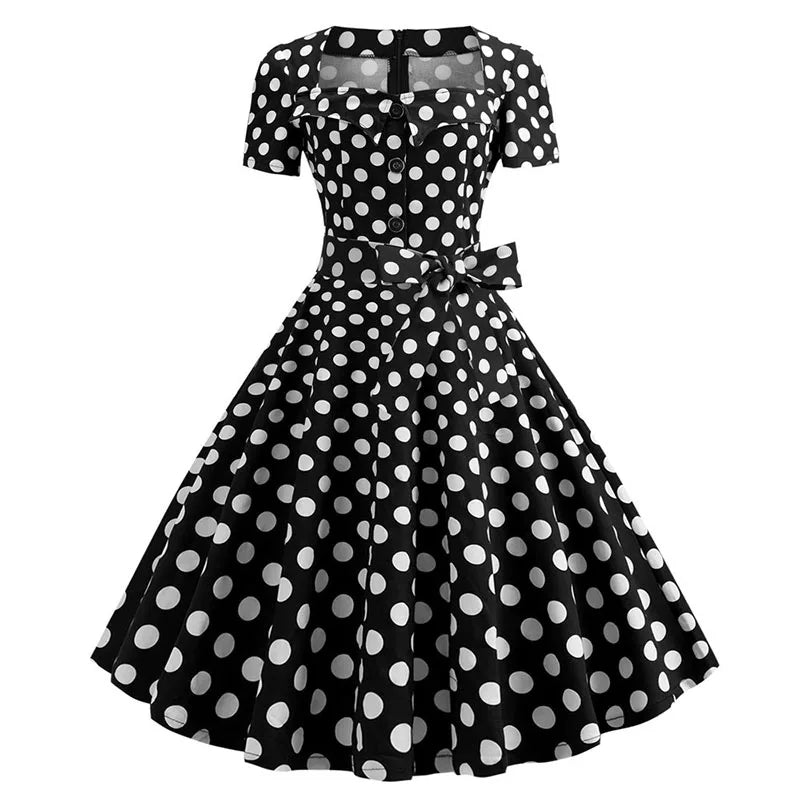 Women Square Collar Elegant Vintage Summer Dress Short Sleeve Midi Dress Robe Femme Casual Office Party Dress