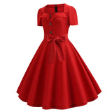 Women Square Collar Elegant Vintage Summer Dress Short Sleeve Midi Dress Robe Femme Casual Office Party Dress