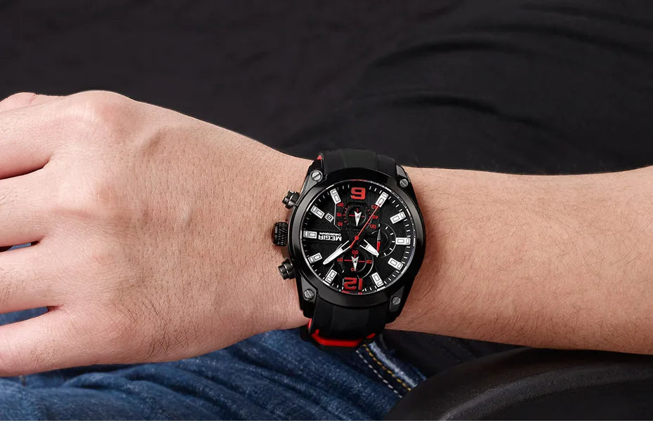 Reloj Megir de cuarzo analógico con cronógrafo para hombre, fecha, manecillas luminosas y correa de silicona resistente al agua.