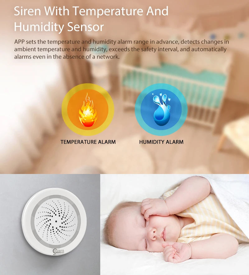 Alarma de sirena NEO Coolcam Smart Tuya Wifi con sensor de temperatura y humedad, compatible con Echo y Google Home Assistant