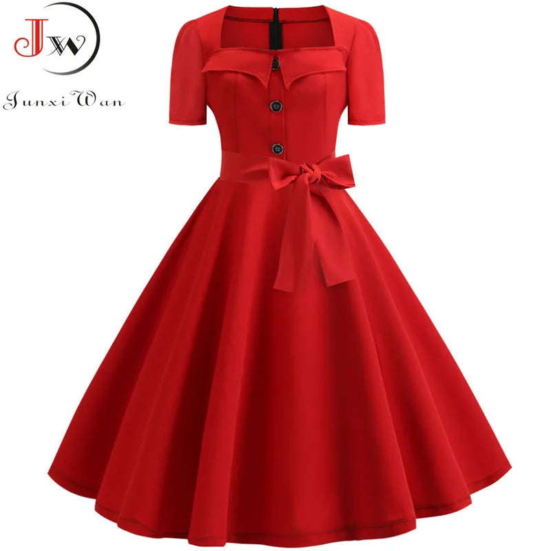 Women Square Collar Elegant Vintage Summer Dress Short Sleeve Midi Dress Robe Femme Casual Office Party Dress
