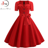Women Square Collar Elegant Vintage Summer Dress Short Sleeve Midi Dress Robe Femme Casual Office Party Dress