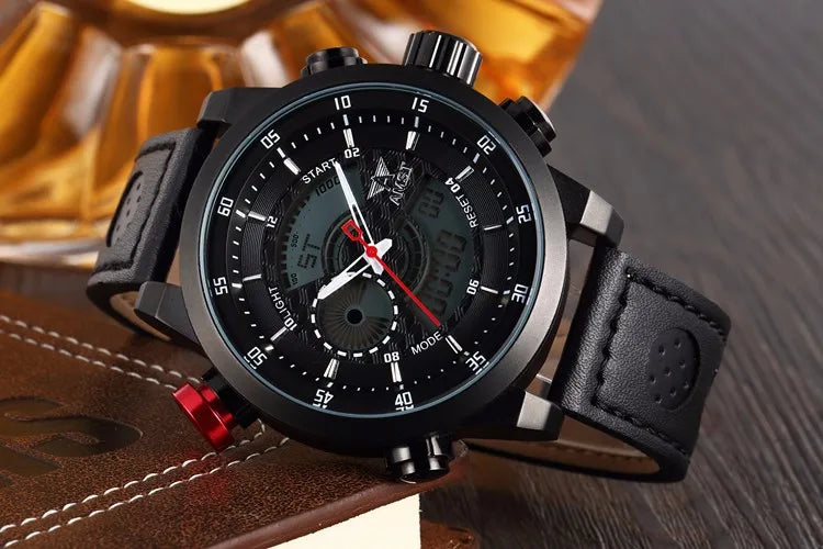 2024 NEW AMST Luxury Brand Men's Quartz LED Watches Men Fashion Casual Sports Clock Genuine Leather Military Wrist Watch