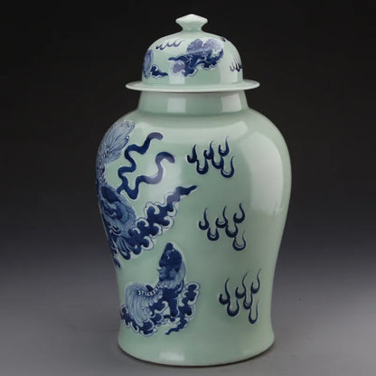 Antique Bean Green Glaze Blue And White Ginger jar Flowers Jingdezhen Crafts lion pattern ceramic temple jar vase