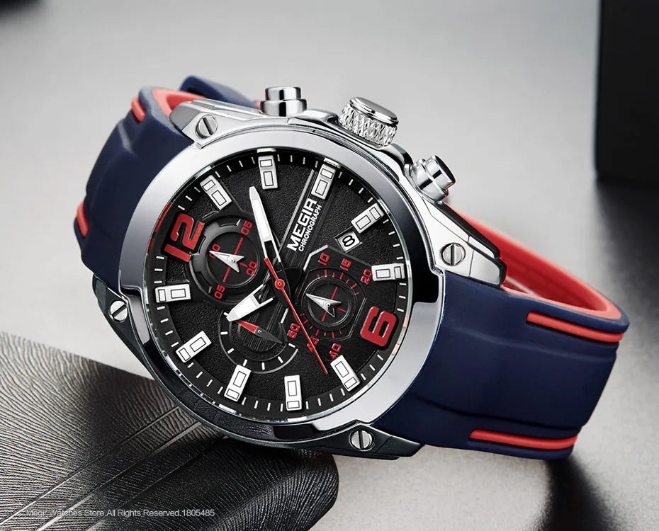 Reloj Megir de cuarzo analógico con cronógrafo para hombre, fecha, manecillas luminosas y correa de silicona resistente al agua.