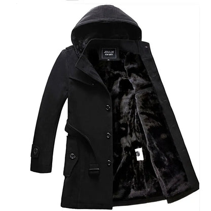 Men's Fleece Hooded Thick Wool Winter Coat 2023 Brand New Long Wool Trench Coat Men Casual Pocket Overcoat with Removable Hood