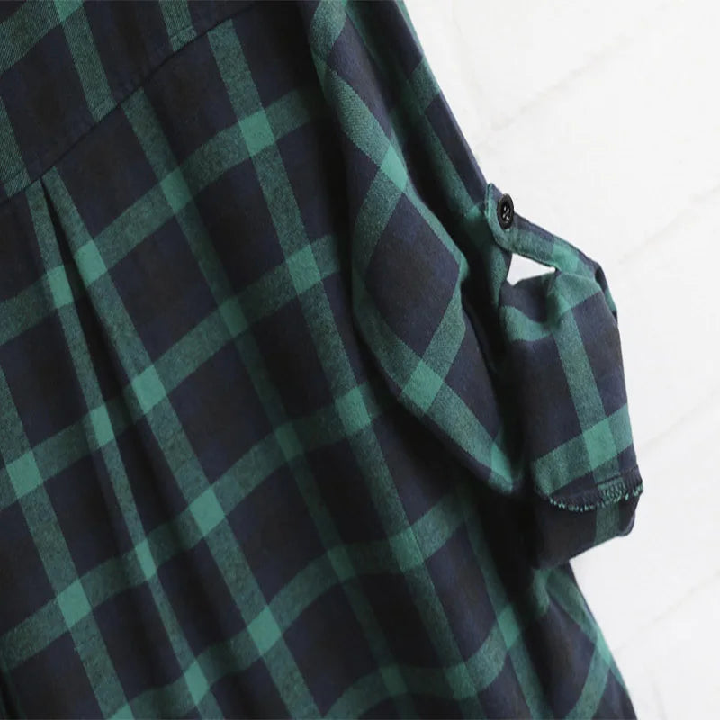 Women Blouse Shirt Loose Casual Plaid Shirts Long Sleeve Large Size Tops Womens Blouses Red Green 2021