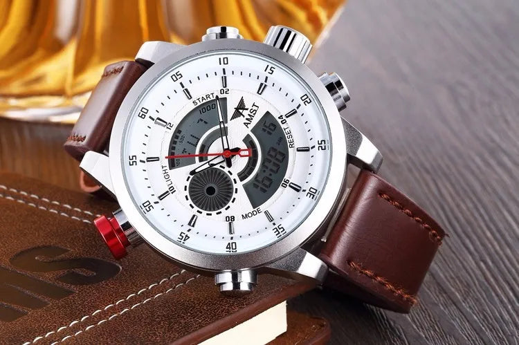 2024 NEW AMST Luxury Brand Men's Quartz LED Watches Men Fashion Casual Sports Clock Genuine Leather Military Wrist Watch