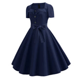 Women Square Collar Elegant Vintage Summer Dress Short Sleeve Midi Dress Robe Femme Casual Office Party Dress
