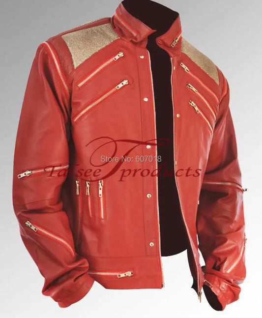 Chaqueta de cuero con cremallera roja clásica y rara de MICHAEL JACKSON CUSTOM Beat It MV
