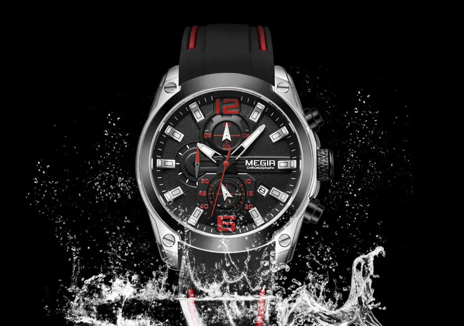Reloj Megir de cuarzo analógico con cronógrafo para hombre, fecha, manecillas luminosas y correa de silicona resistente al agua.