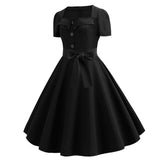 Women Square Collar Elegant Vintage Summer Dress Short Sleeve Midi Dress Robe Femme Casual Office Party Dress