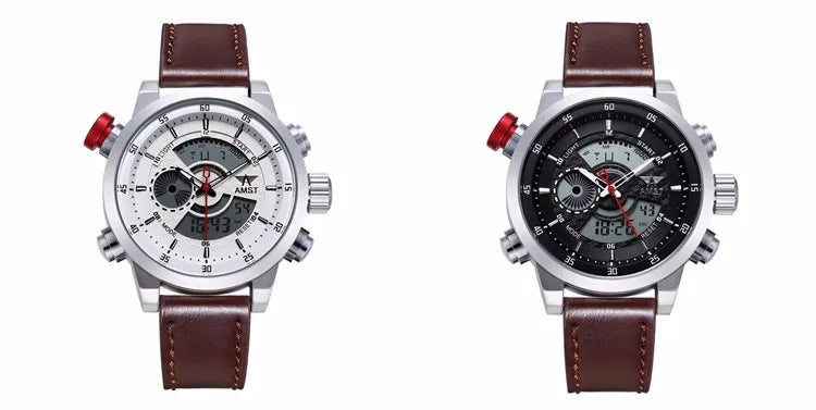 2024 NEW AMST Luxury Brand Men's Quartz LED Watches Men Fashion Casual Sports Clock Genuine Leather Military Wrist Watch