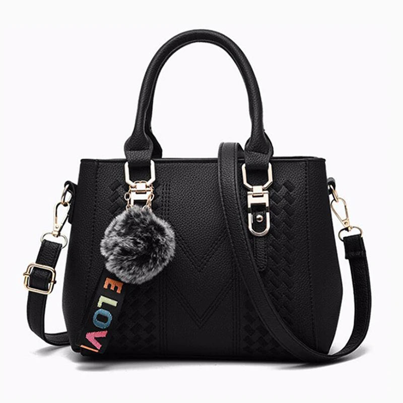 Embroidery Messenger Bags Women Leather Handbags Bags for Women Sac a Main Ladies Hair Ball Hand Bag