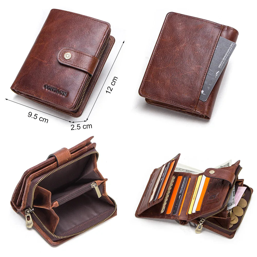 ONTACT'S Genuine Leather Short Wallets for Men RFID Vintage Coin Purse Card Holder Male Money Clip Women‘s Wallet Bag HandbagC