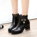 2025 Round Toe Women Fashion Crystal Belt Buckle Boots 6CM Square High Heels Shoes Sexy Leopard Lace Ankle Boots Woman Red Black