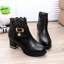 2025 Round Toe Women Fashion Crystal Belt Buckle Boots 6CM Square High Heels Shoes Sexy Leopard Lace Ankle Boots Woman Red Black