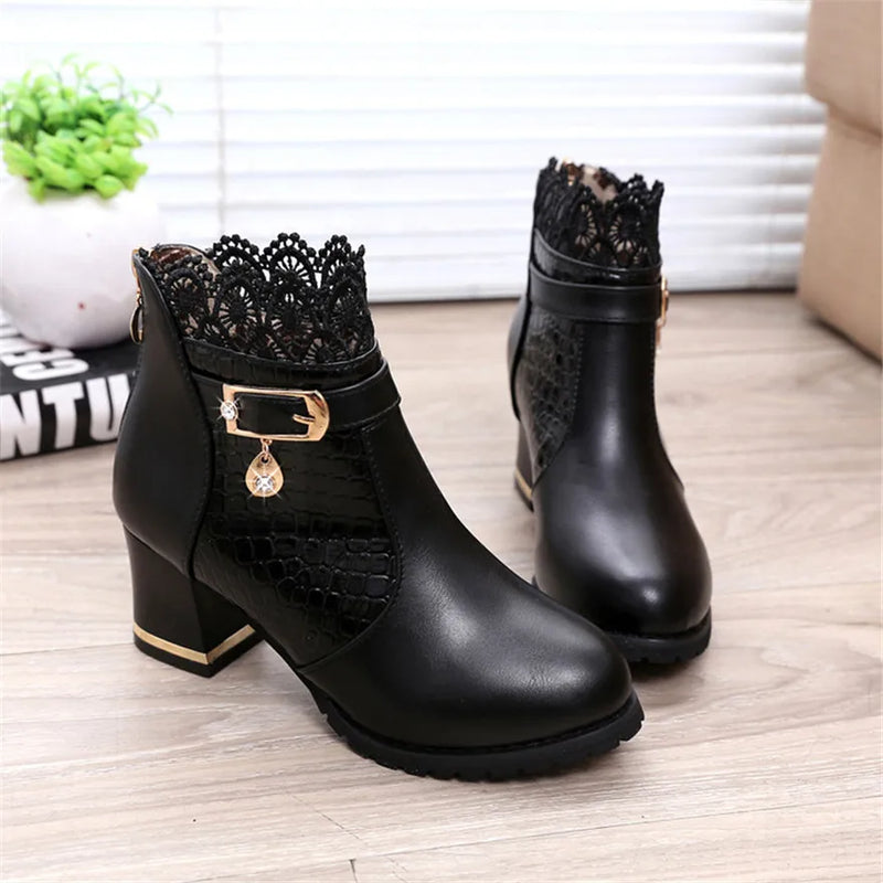 2025 Round Toe Women Fashion Crystal Belt Buckle Boots 6CM Square High Heels Shoes Sexy Leopard Lace Ankle Boots Woman Red Black