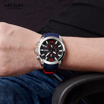 Reloj Megir de cuarzo analógico con cronógrafo para hombre, fecha, manecillas luminosas y correa de silicona resistente al agua.