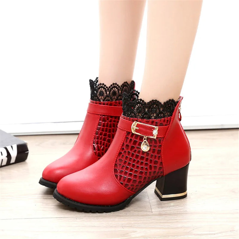 2025 Round Toe Women Fashion Crystal Belt Buckle Boots 6CM Square High Heels Shoes Sexy Leopard Lace Ankle Boots Woman Red Black