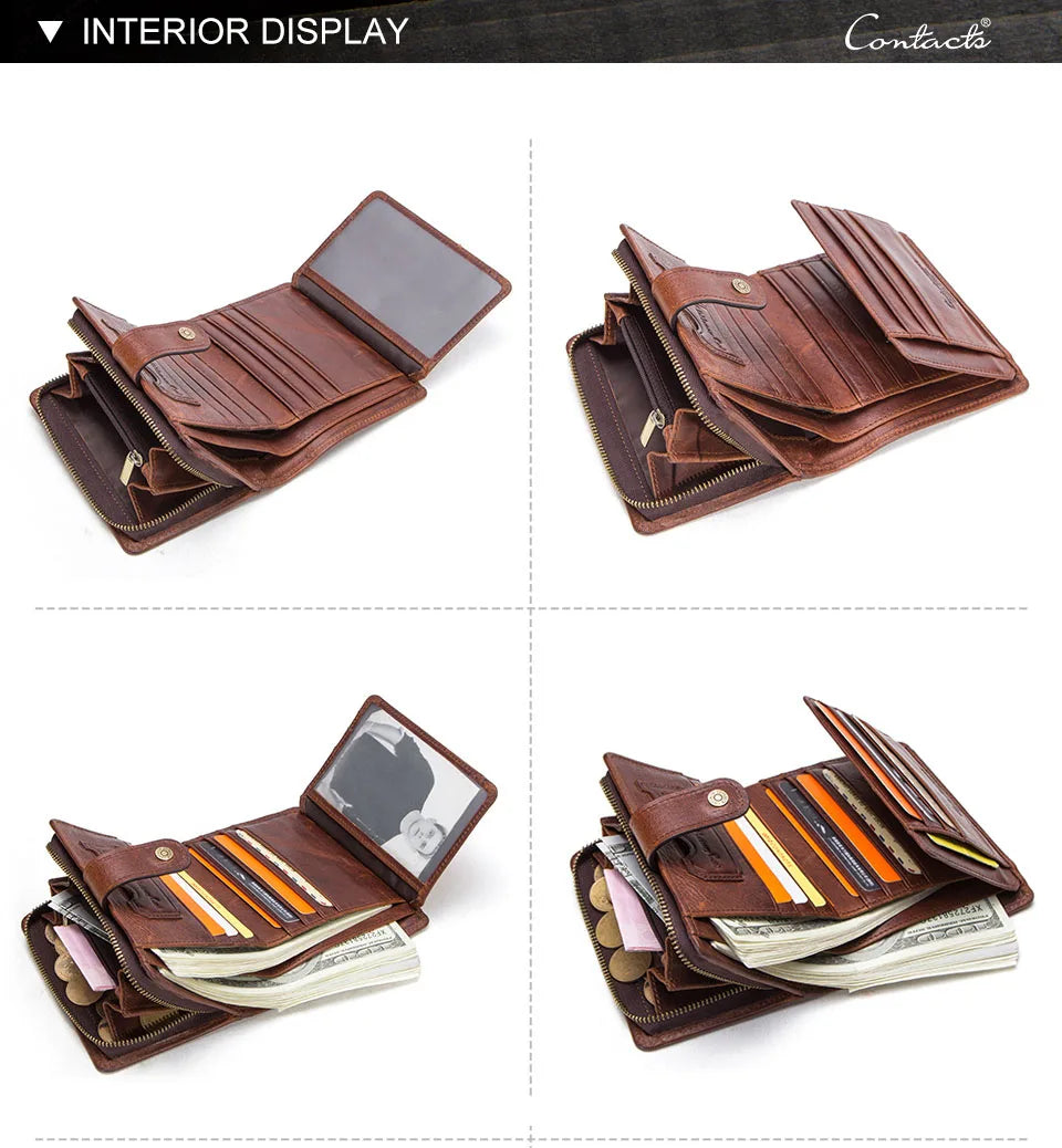 ONTACT'S Genuine Leather Short Wallets for Men RFID Vintage Coin Purse Card Holder Male Money Clip Women‘s Wallet Bag HandbagC