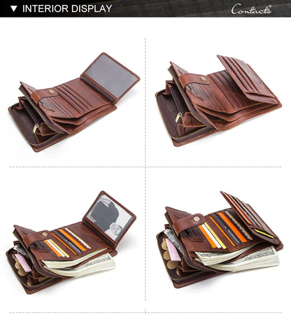 ONTACT'S Genuine Leather Short Wallets for Men RFID Vintage Coin Purse Card Holder Male Money Clip Women‘s Wallet Bag HandbagC