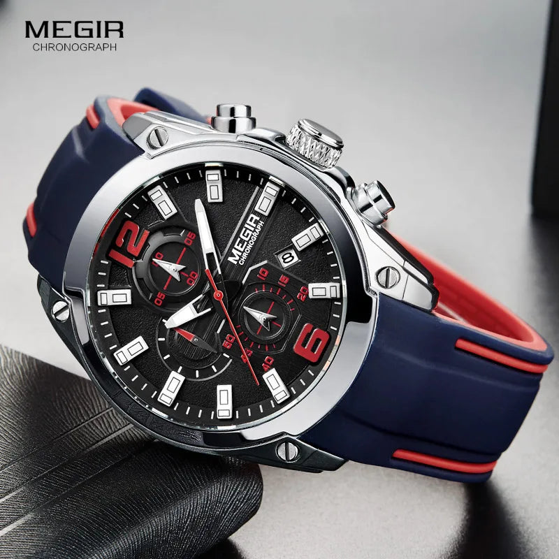 Reloj Megir de cuarzo analógico con cronógrafo para hombre, fecha, manecillas luminosas y correa de silicona resistente al agua.