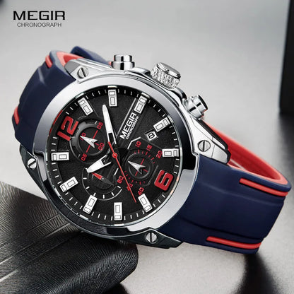 Reloj Megir de cuarzo analógico con cronógrafo para hombre, fecha, manecillas luminosas y correa de silicona resistente al agua.