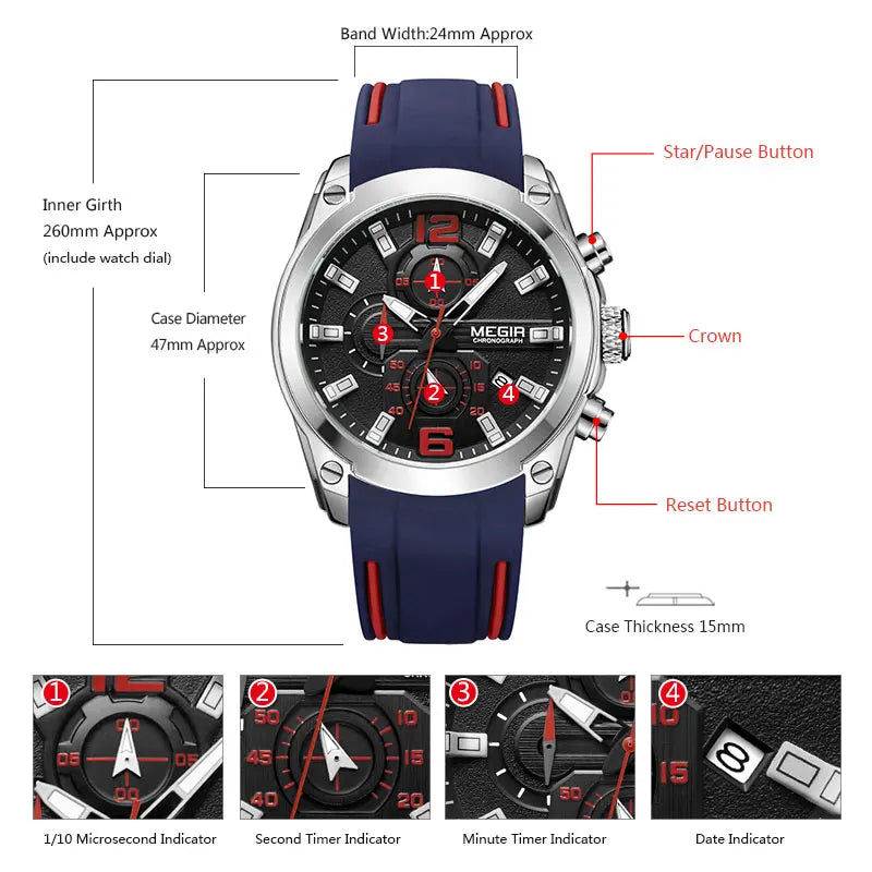 Reloj Megir de cuarzo analógico con cronógrafo para hombre, fecha, manecillas luminosas y correa de silicona resistente al agua.
