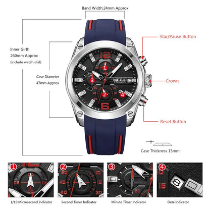 Reloj Megir de cuarzo analógico con cronógrafo para hombre, fecha, manecillas luminosas y correa de silicona resistente al agua.