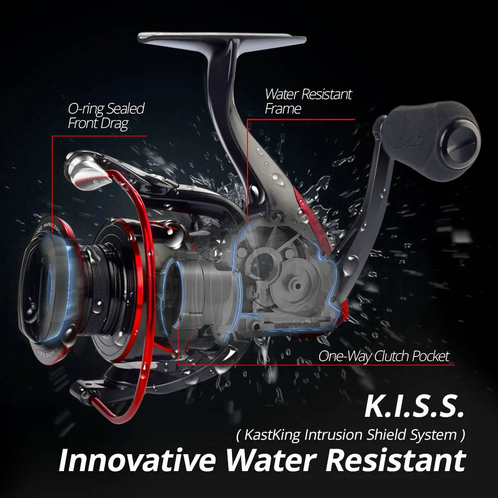 Carrete giratorio innovador KastKing Sharky III resistente al agua con potencia de arrastre máxima de 18 kg para pesca de lubina y lucio.