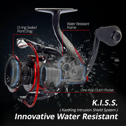 Carrete giratorio innovador KastKing Sharky III resistente al agua con potencia de arrastre máxima de 18 kg para pesca de lubina y lucio.