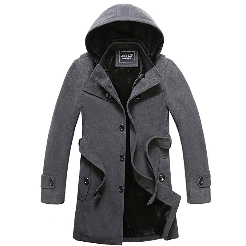Men's Fleece Hooded Thick Wool Winter Coat 2023 Brand New Long Wool Trench Coat Men Casual Pocket Overcoat with Removable Hood