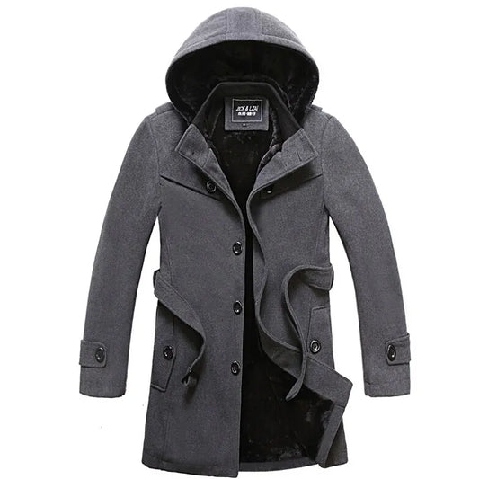 Men's Fleece Hooded Thick Wool Winter Coat 2023 Brand New Long Wool Trench Coat Men Casual Pocket Overcoat with Removable Hood