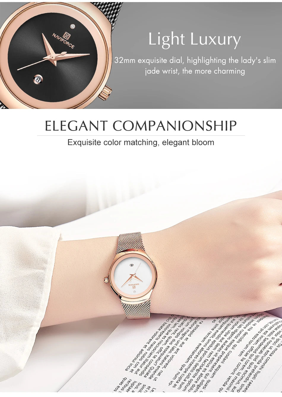 NAVIFORCE Reloj de Moda para Mujer, Relojes de Cuarzo para Mujer, Reloj de Pulsera Impermeable de Acero Inoxidable, Reloj Simple para Niña, Reloj Femenino