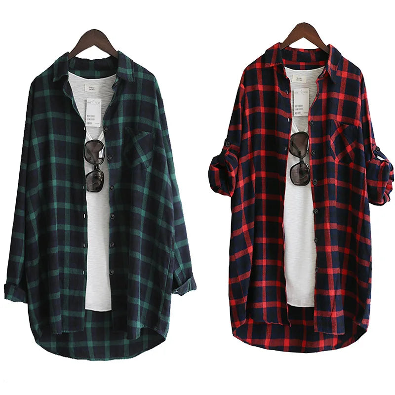 Women Blouse Shirt Loose Casual Plaid Shirts Long Sleeve Large Size Tops Womens Blouses Red Green 2021