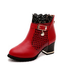 2025 Round Toe Women Fashion Crystal Belt Buckle Boots 6CM Square High Heels Shoes Sexy Leopard Lace Ankle Boots Woman Red Black