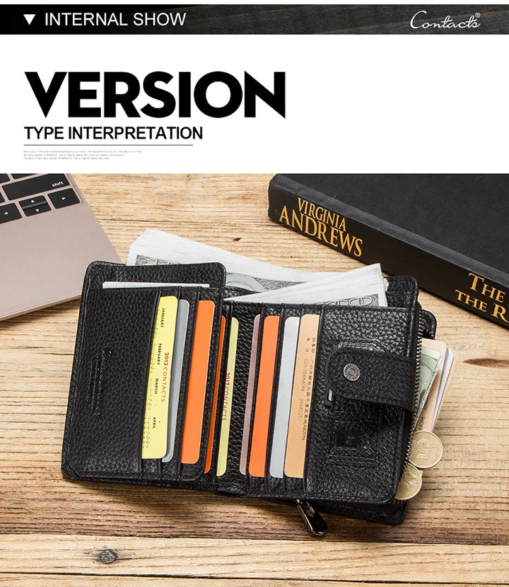 ONTACT'S Genuine Leather Short Wallets for Men RFID Vintage Coin Purse Card Holder Male Money Clip Women‘s Wallet Bag HandbagC