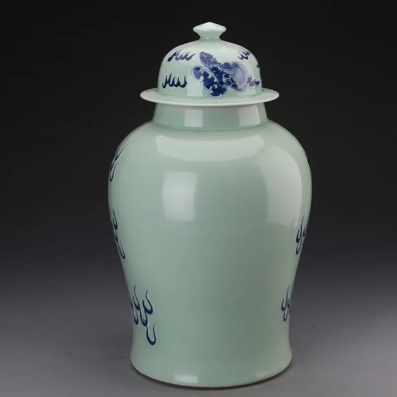 Antique Bean Green Glaze Blue And White Ginger jar Flowers Jingdezhen Crafts lion pattern ceramic temple jar vase