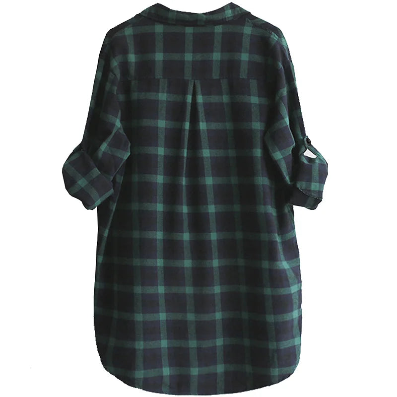 Women Blouse Shirt Loose Casual Plaid Shirts Long Sleeve Large Size Tops Womens Blouses Red Green 2021