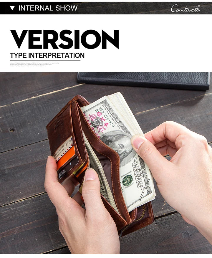 ONTACT'S Genuine Leather Short Wallets for Men RFID Vintage Coin Purse Card Holder Male Money Clip Women‘s Wallet Bag HandbagC