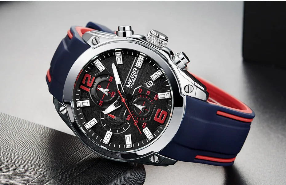 Reloj Megir de cuarzo analógico con cronógrafo para hombre, fecha, manecillas luminosas y correa de silicona resistente al agua.