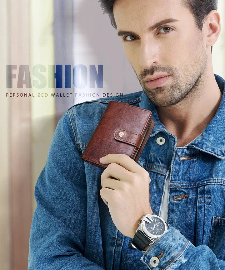 ONTACT'S Genuine Leather Short Wallets for Men RFID Vintage Coin Purse Card Holder Male Money Clip Women‘s Wallet Bag HandbagC