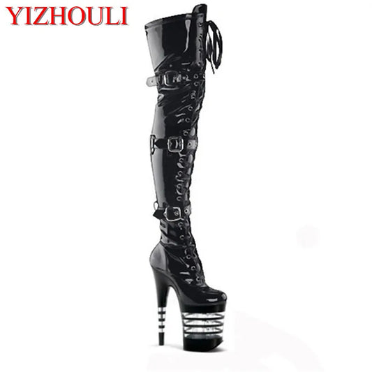 Botas altas hasta el muslo sexys de 20-23 cm con plataforma de moda para mujer, botas por encima de la rodilla con tacón de 20-23 cm, botas de baile de tubo.