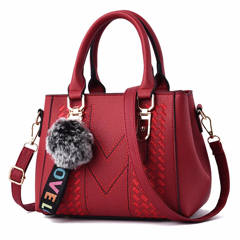 Embroidery Messenger Bags Women Leather Handbags Bags for Women Sac a Main Ladies Hair Ball Hand Bag